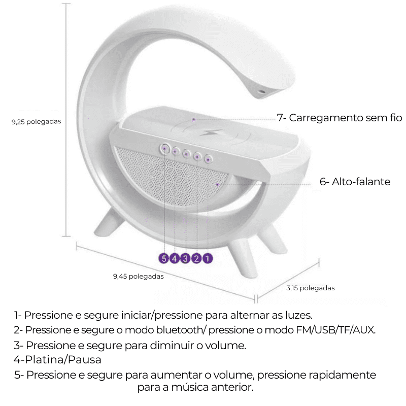 Carregador por Indução com Luminária + Despertador e Som Bluetooth ®