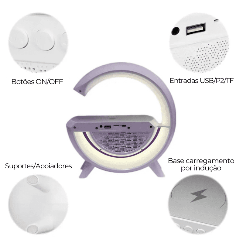 Carregador por Indução com Luminária + Despertador e Som Bluetooth ®